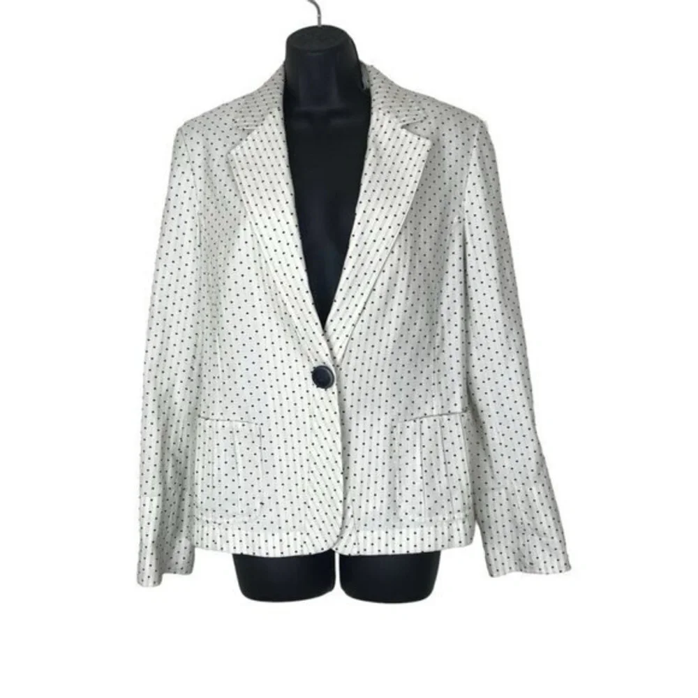 Lafayette 148 New York polkadot blazer white navy blue women’s size 10 EUC